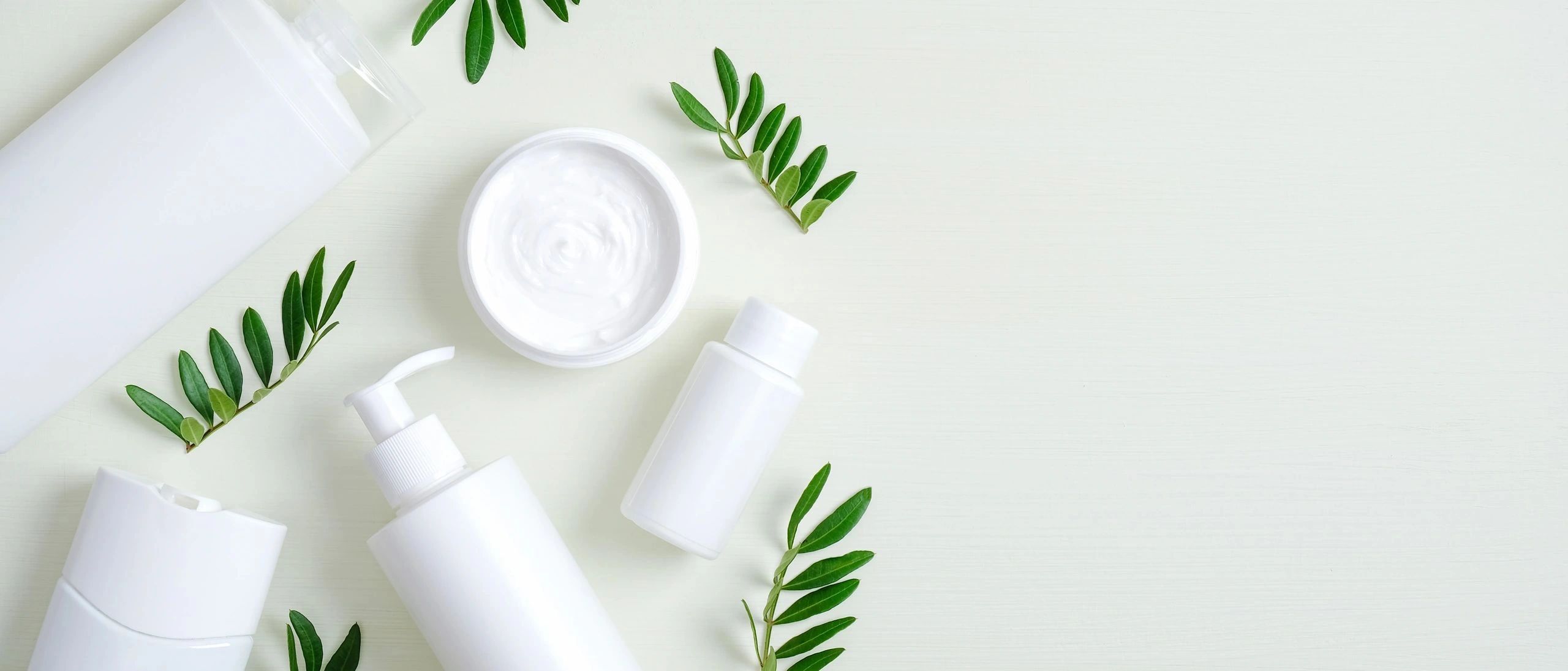 Minimalist skincare products with white cosmetic packaging and natural botanical elements