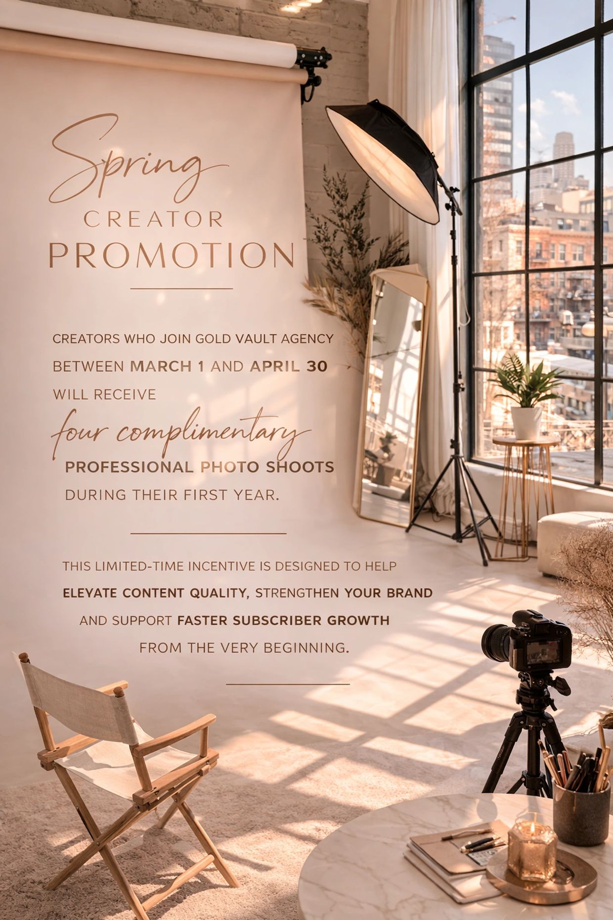 New creators who join between March 1 - April 30 receive 4 complimentary professional photo shoots