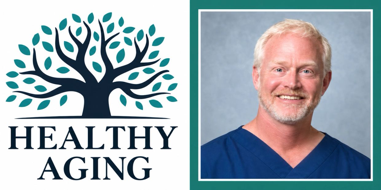 Healthy aging concept with a smiling older man and symbolic tree logo.