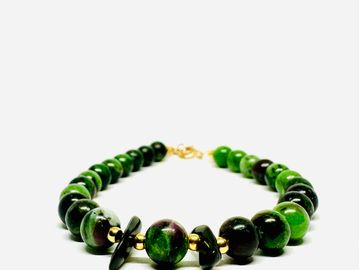 Anklet, ruby in zoisite, zoisite, Ruby in Zoisite with Obsidian Chips Gemstone Anklet 