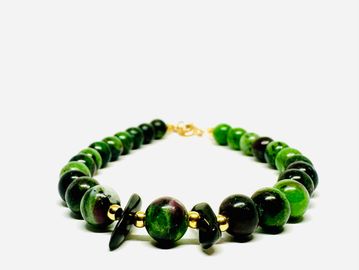 Anklet, ruby in zoisite, zoisite, Ruby in Zoisite with Obsidian Chips Gemstone Anklet 