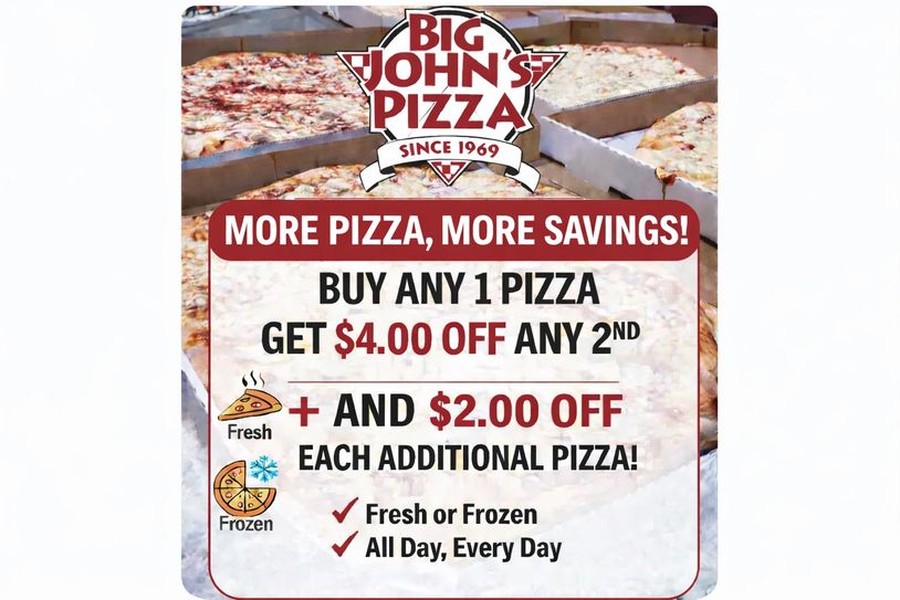 Big John's Pizza discount offer on multiple pizzas.