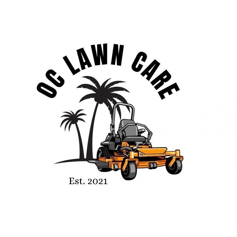 Logo of OC Lawn Care with a lawn mower and palm trees, established in 2021.