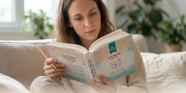 Woman reading a book on a couch.