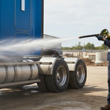 Worker in safety gear pressure washing a blue truck outdoors.
