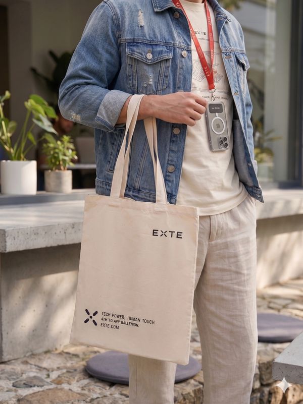 Person holding a beige tote bag with EXTE branding, wearing denim jacket and light pants.
