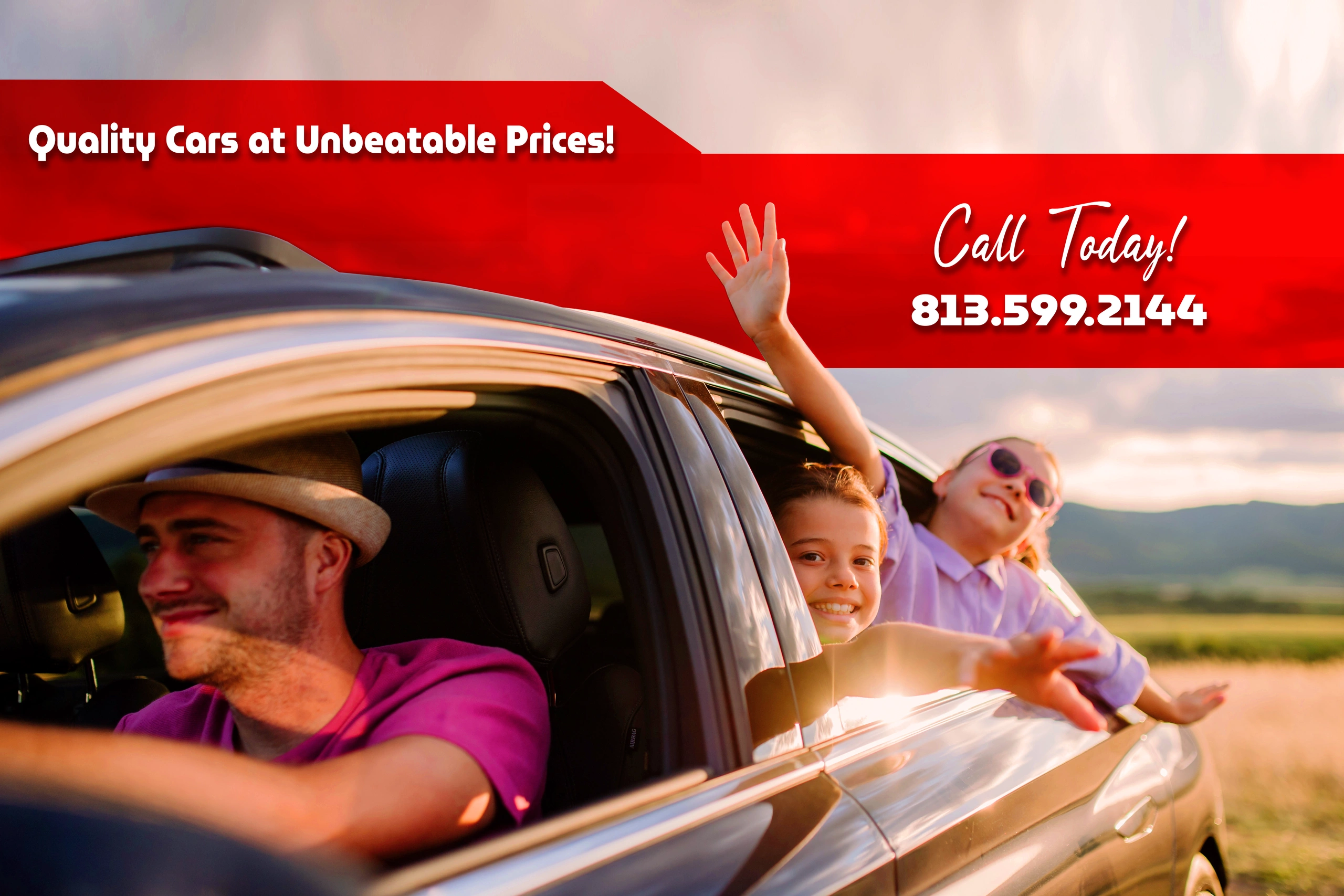 Happy family enjoying a car ride with Automax of Tampa's phone number. For quality cars and personalized service call today.