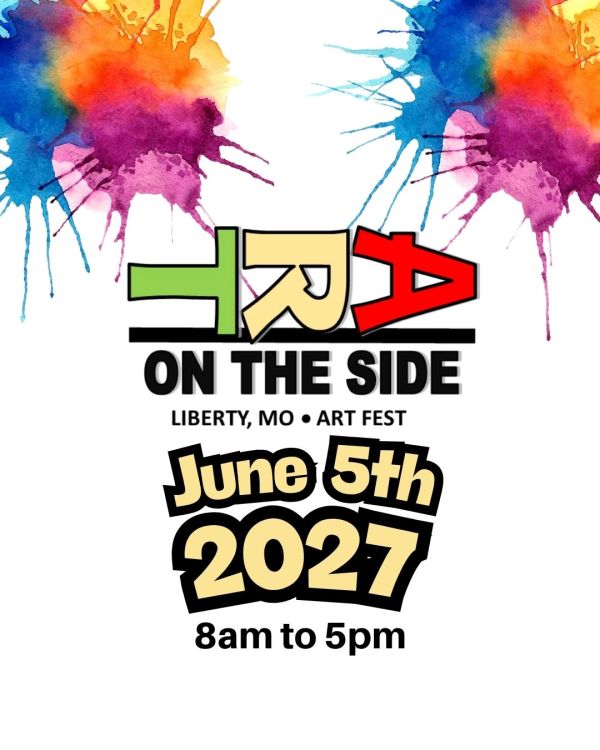 Colorful art splashes with event details for the Art on the Side festival in Liberty, MO, June 5th, 2027.