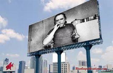 Black and white billboard of a man smoking and holding a drink in a cityscape.