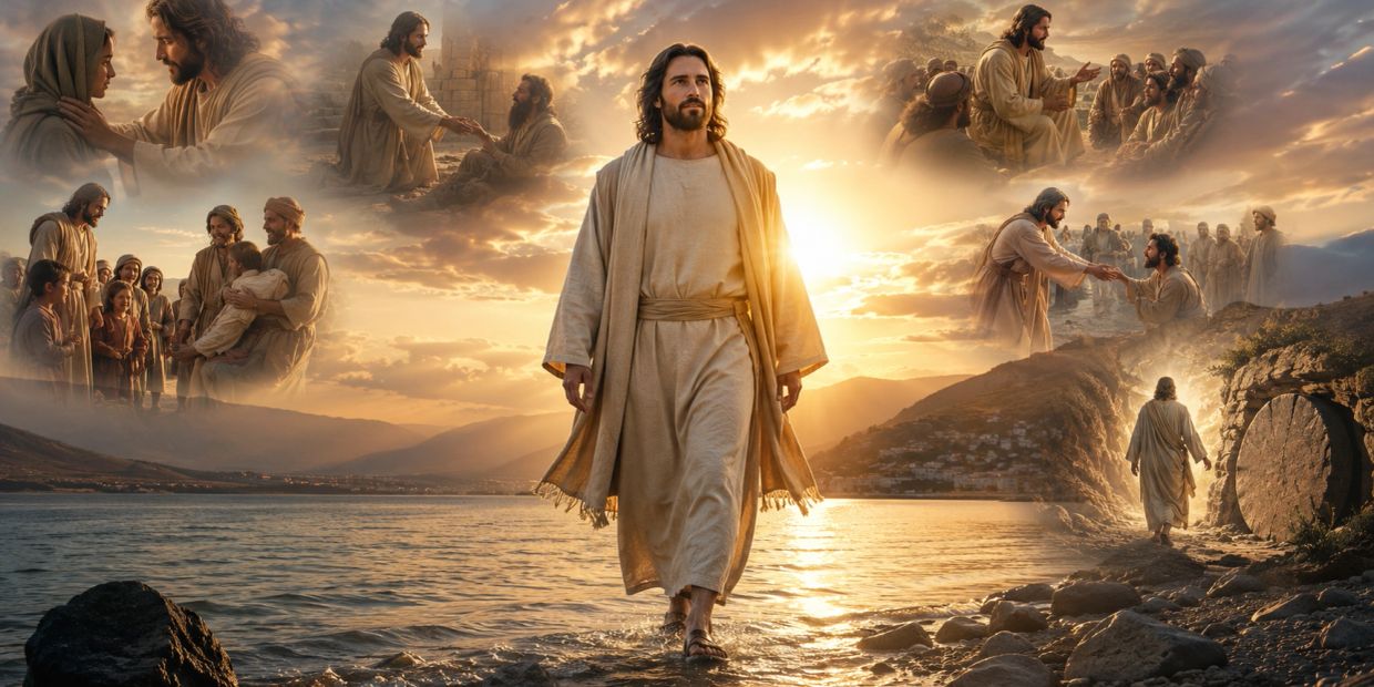 Jesus walking on water with scenes of his miracles around him.