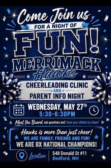 Invitation to Merrimack Hawks cheerleading clinic and parent info night on May 27th.