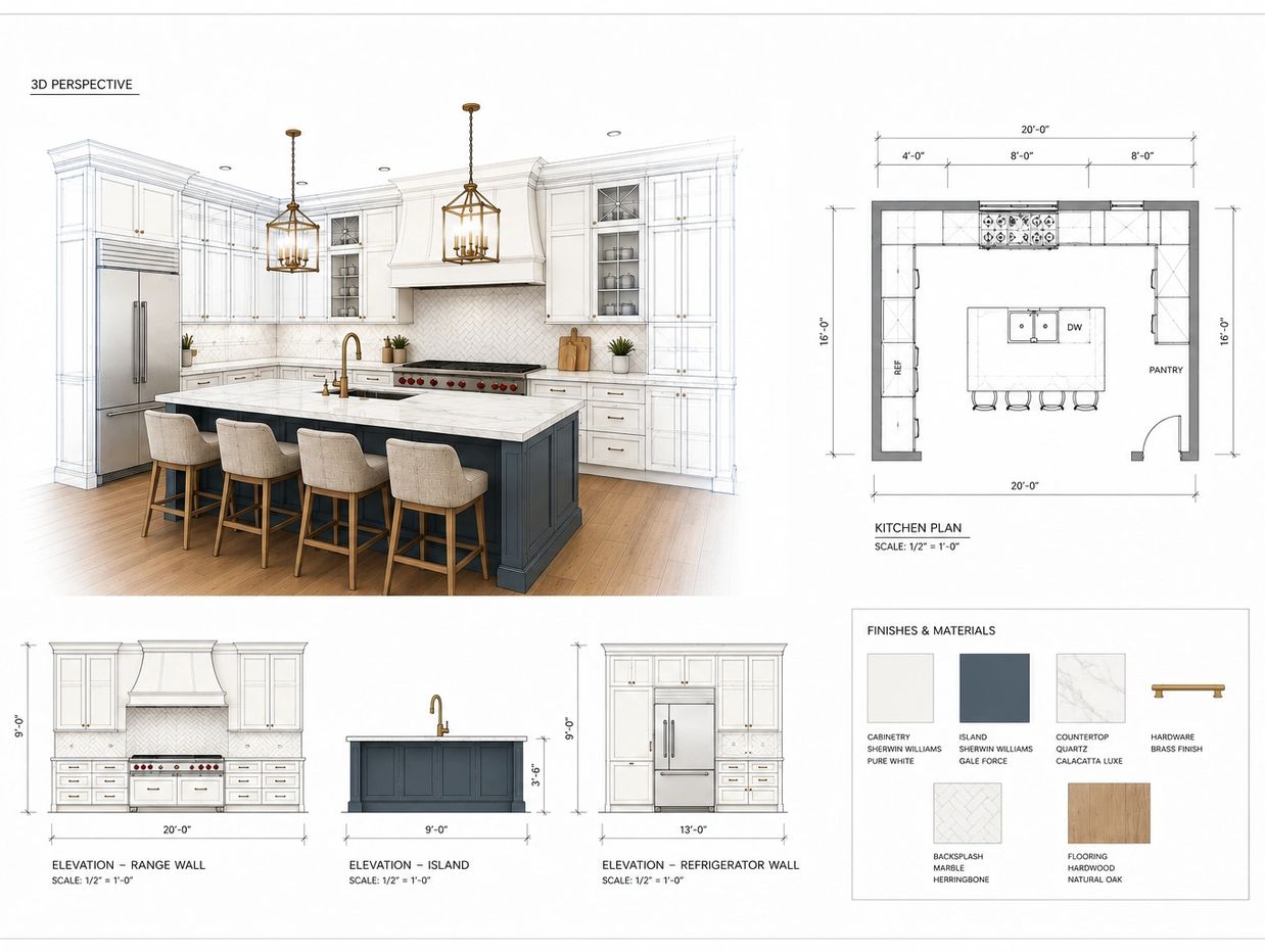 Modern kitchen design with white cabinetry, dark island, and brass fixtures.