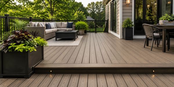 Spacious outdoor deck with comfortable seating and lush plants.
