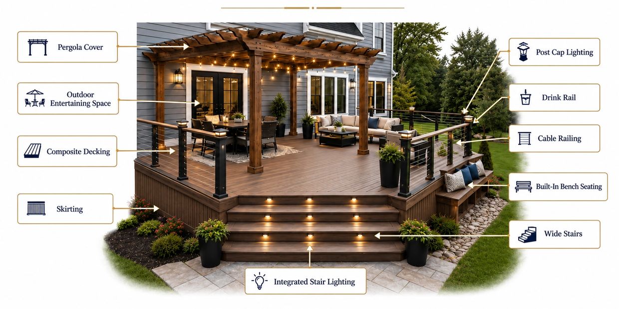 A custom exterior deck with pergola, lighting, and built-in seating.
