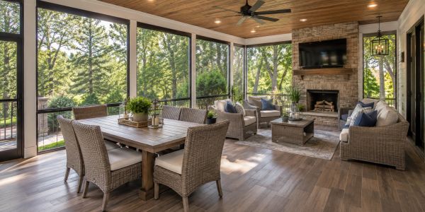 Cozy screened porch with wicker furniture, dining area, and stone fireplace.