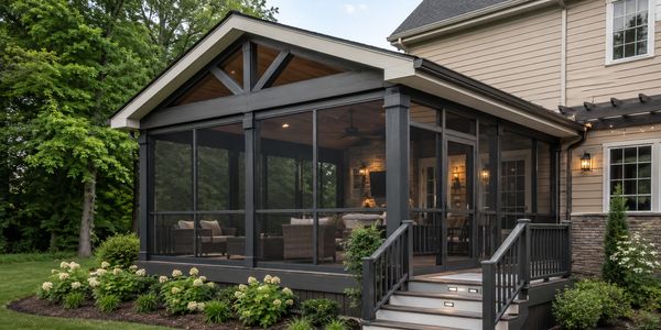 A modern screened-in porch with outdoor furniture and ambient lighting.