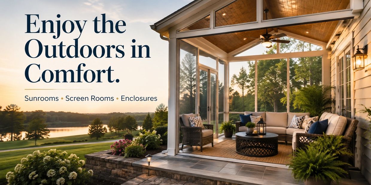 Cozy sunroom with comfortable seating and scenic outdoor views at sunset.