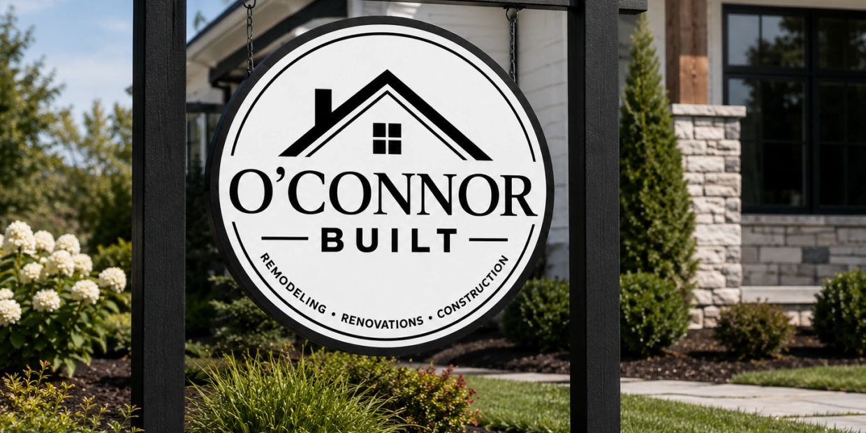 Sign for O'Connor Built remodeling and construction services outside a modern house.
