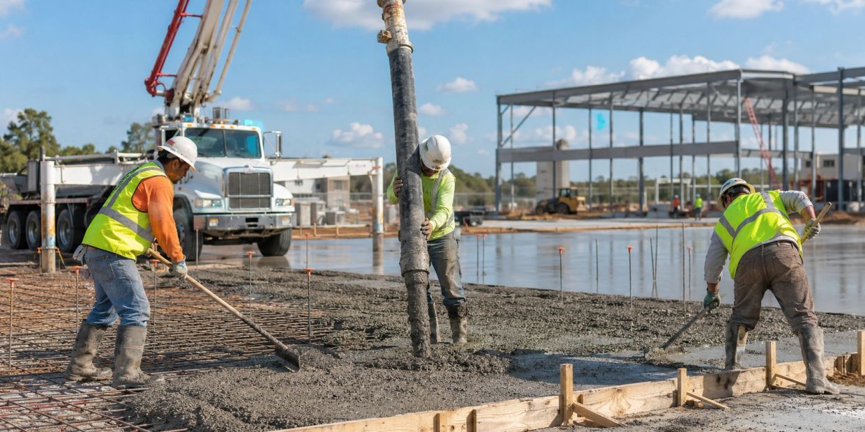 Construction workers pouring and leveling concrete on a building site.