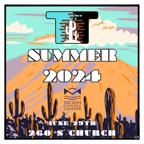 Tucson Trades Summer 2024 advertisement displaying Tucson Desert background orange cactus. 