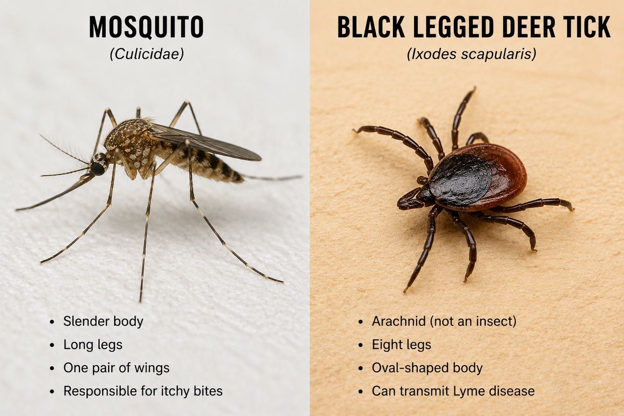 Comparison of a mosquito and a black-legged deer tick with key characteristics.