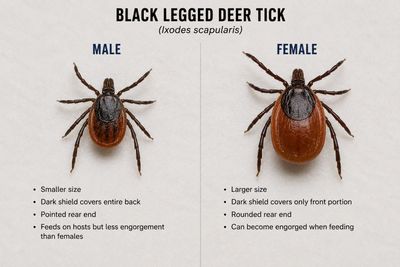 Comparison of male and female black-legged deer ticks with size and feeding differences.