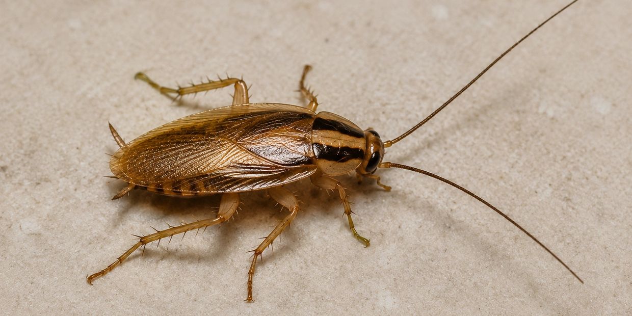 Close-up of a brown cockroach on a beige surface.