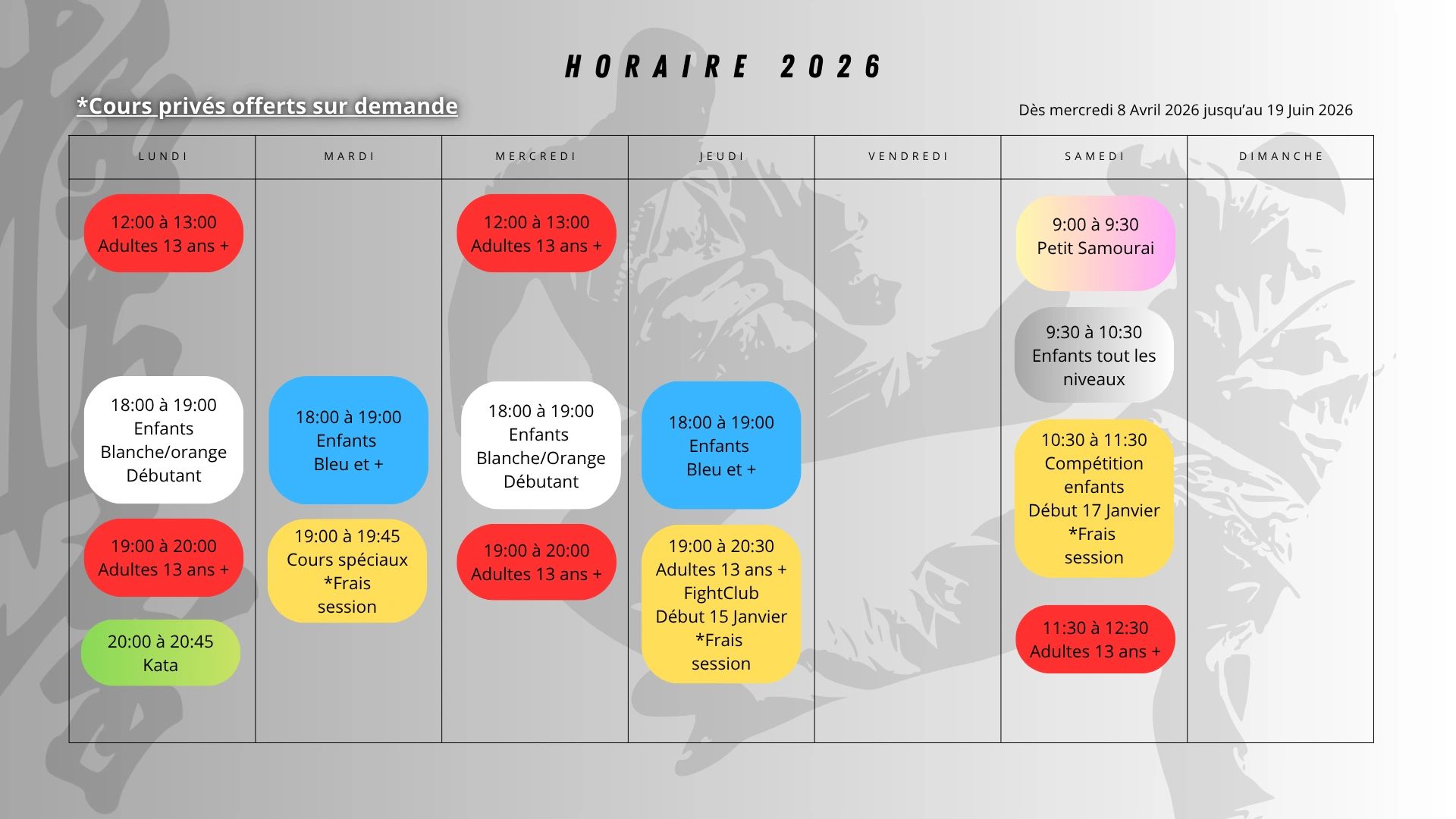 Horaire 2026 des cours de karaté pour adultes et enfants, du 8 avril au 19 juin.