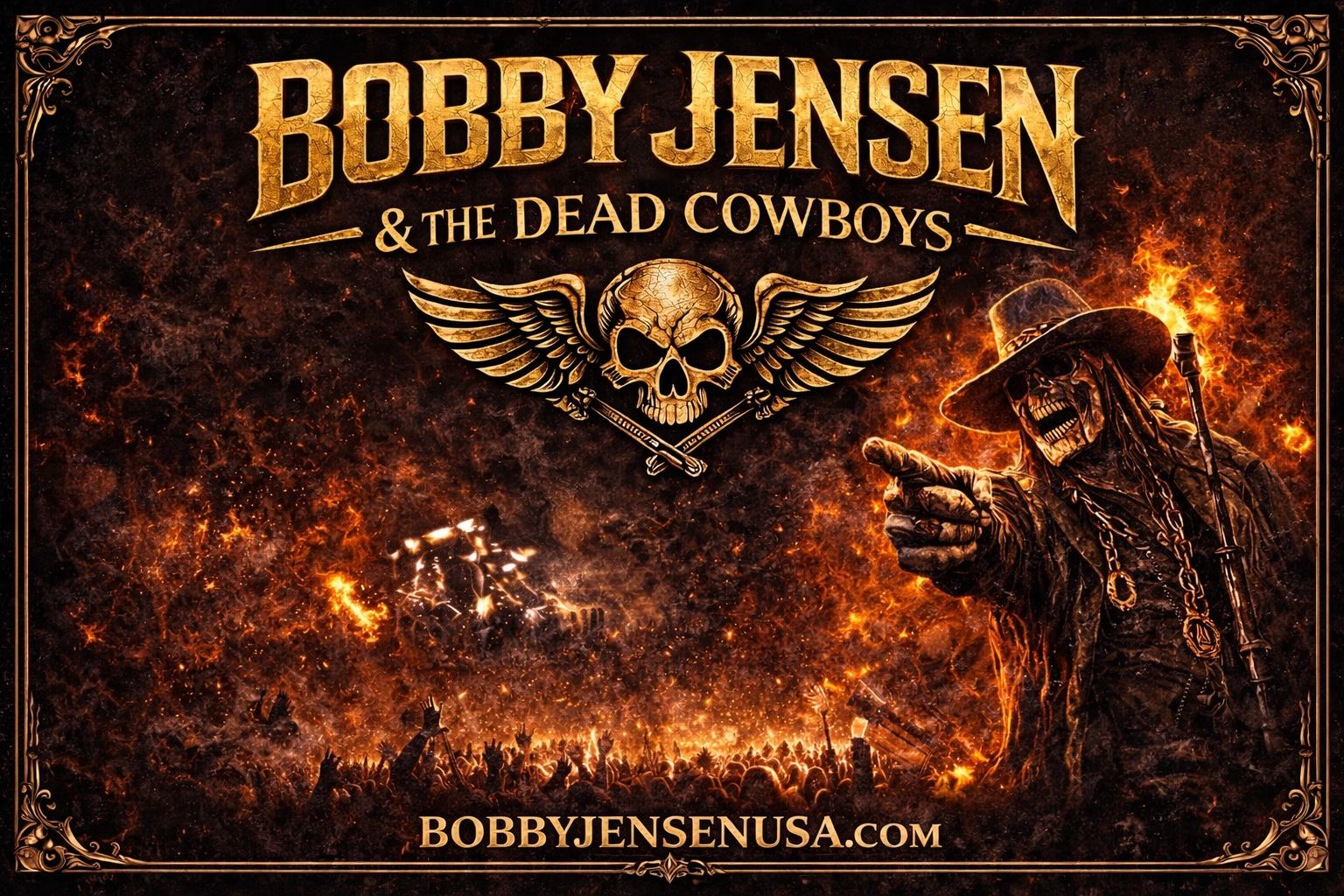 Bobby Jensen &amp; The Dead Cowboys promotional poster with fiery, skeletal cowboy.