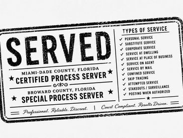 Certified process server stamp listing types of service in Miami-Dade and Broward counties.