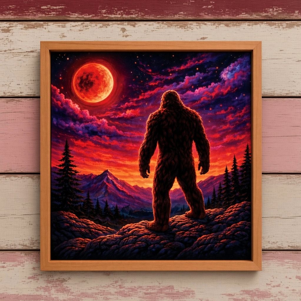 Bigfoot silhouette under a red moon at sunset.
