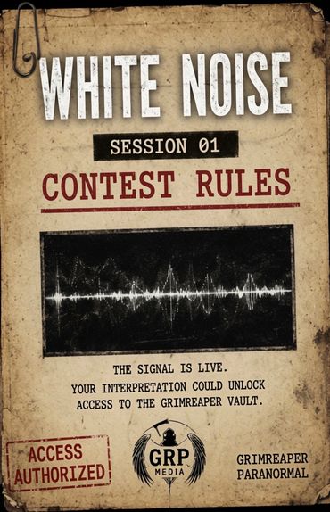 Poster for White Noise contest rules with a soundwave image and GRP Media logo.