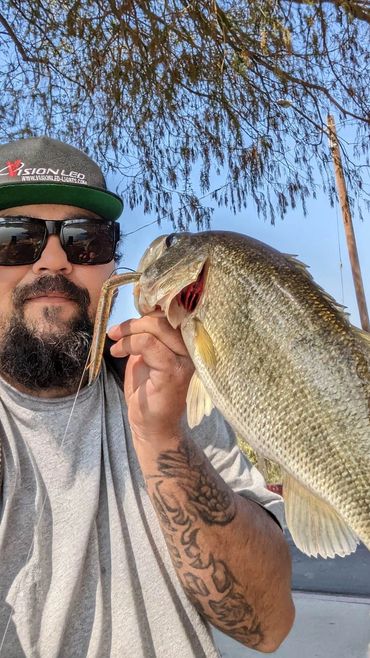 Joel Cardenas with a Largemouth Bass on the Green Pumpkin Red and Black Flake core shot worm