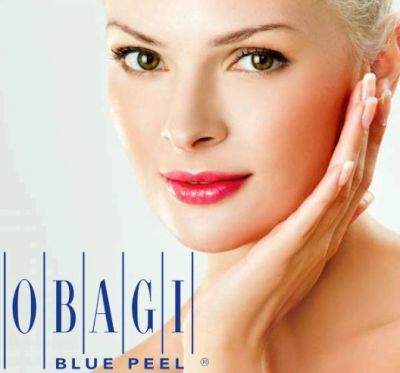 Close-up of woman with flawless skin and blue peel logo.