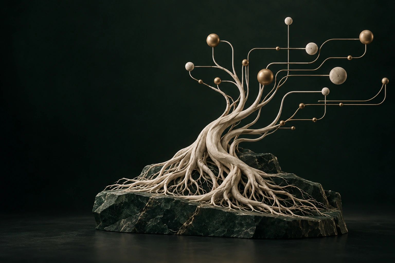 Sculptural roots connecting to a network of search and AI discovery signals.