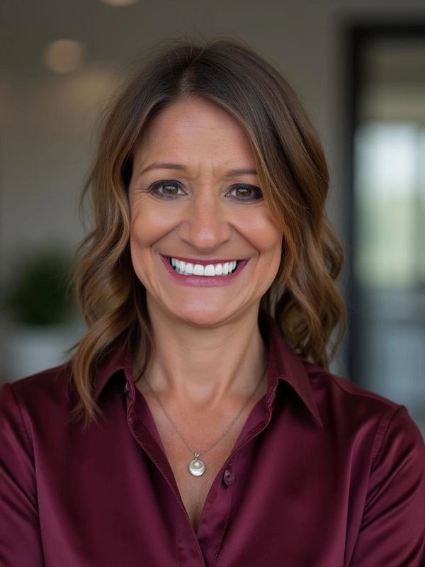 Smiling woman with wavy hair wearing a maroon blouse and a pendant necklace.
