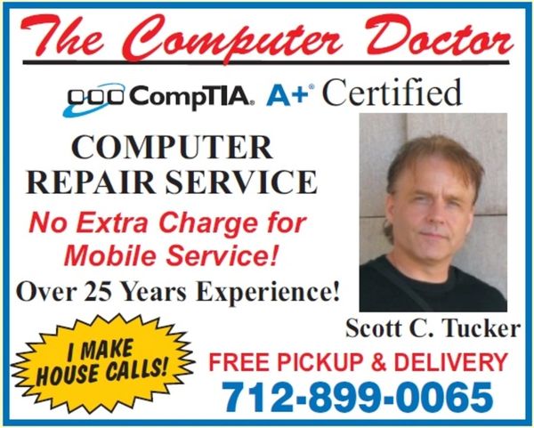 Advertisement for The Computer Doctor with computer repair service and free pickup.