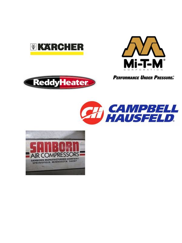 Logos of industrial equipment brands including Kärcher, Mi-T-M, Reddy Heater, Campbell Hausfeld, and Sanborn Air Compressors.