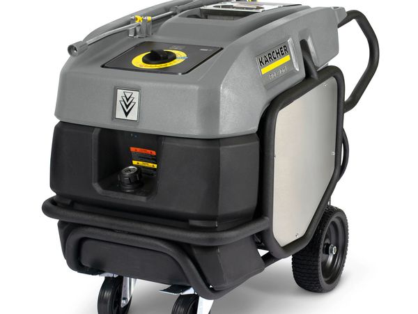 Professional Kärcher pressure washer with wheels and control panel.