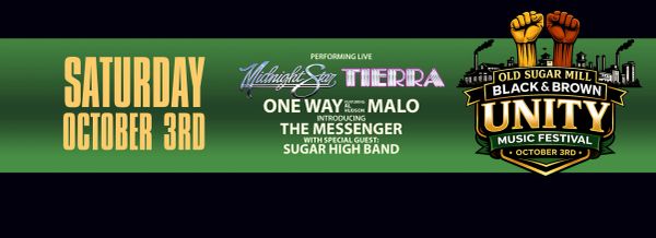 Promotional banner for Old Sugar Mill Black &amp; Brown Unity Music Festival on October 3rd.