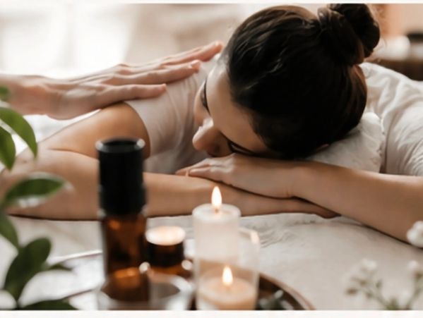 Woman receiving a relaxing massage with lit candles in the foreground.