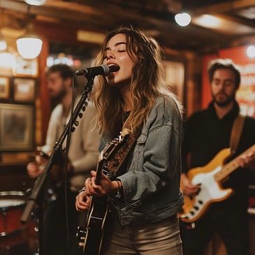 Female singer passionately performing with a band in a cozy indoor setting.