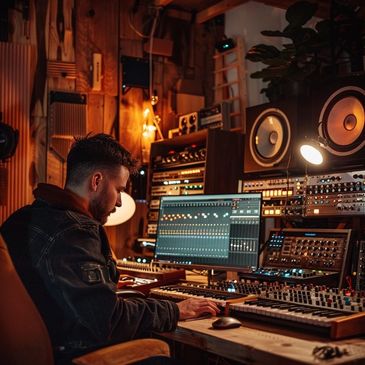 A man working in a warmly lit music studio with multiple synthesizers and speakers.