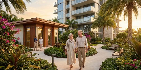 Elderly couple walking hand-in-hand in a lush, modern garden at sunset.