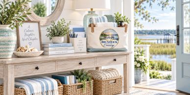 Coastal home interior with plants and wicker baskets.