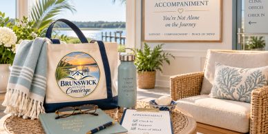 Cozy reading setup with Brunswick Concierge tote and notebook.