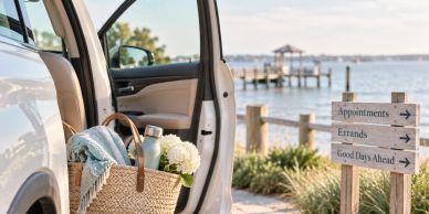 Open car door with a basket by a waterfront.