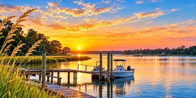 Sunset over a serene river with a dock and boat.
