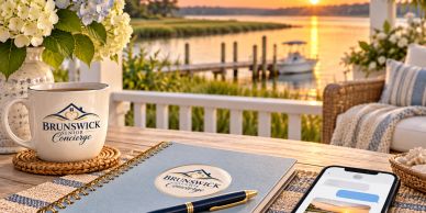 Cozy outdoor setting with coffee and sunset over water.