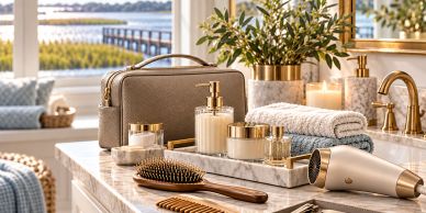Elegant bathroom vanity with grooming essentials and candles.